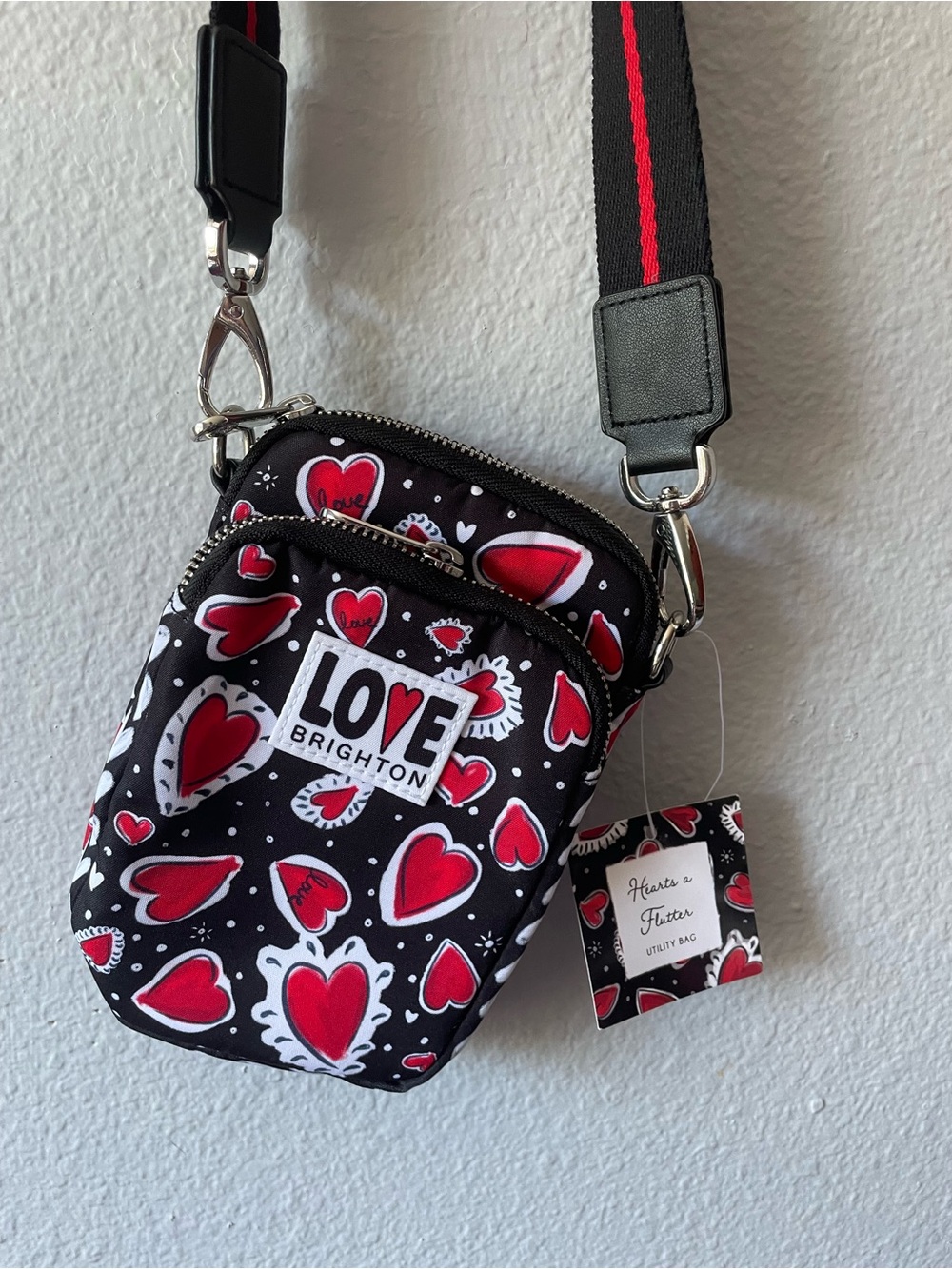 Brighton Hearts a Flutter Utility Crossbody Bag NWT Black Ted Heart Print